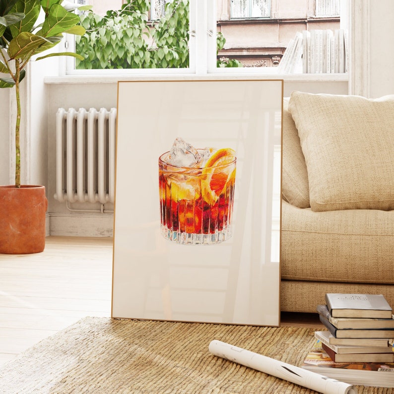 Cocktail Art Prints: Negroni Framed Watercolor Drink Painting Dining Room / Kitchen Bar Cart Alcohol Gift For Him Original Artwork image 1