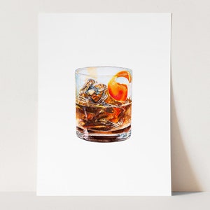 Cocktail Art Prints: Old Fashioned | Scotch Bourbon Whisky Drink | Dining / Kitchen / Bar Cart Art | Christmas Present For Father / Him