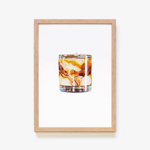 May include: A glass of iced coffee with a swirl of cream and ice cubes. The coffee is a rich brown colour and the cream is a light beige. The glass is clear and has a blue rim.