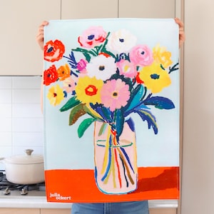 Flower Bouquet Tea Towel - Artist Made, Dopamine Decor Kitchen Dish Towel - 100% Soft Cotton - Vibrant Colourful Home Decor - Very Giftable
