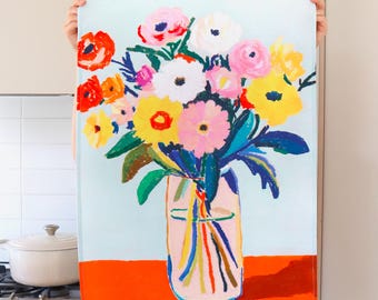Flower Bouquet Tea Towel - Artist Made, Dopamine Decor Kitchen Dish Towel - 100% Soft Cotton - Vibrant Colourful Home Decor - Very Giftable