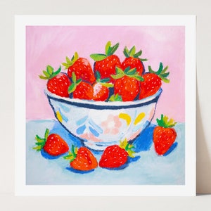 Framed Strawberry Bowl Fine Art Print | Oil Painting Kitchen Wall Decor | Cottagecore / Farmhouse Dining Room / Square Framed Painting Art