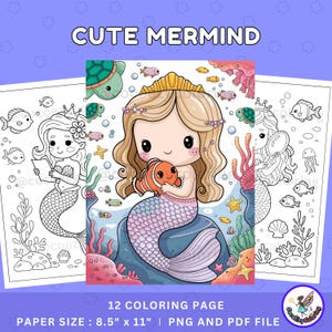 Cute Mermaid Coloring Page,Ocean Animals,Underwater Coloring,Coloring Pages For Adults,Therapy Printables,Printable Instant Digital Download