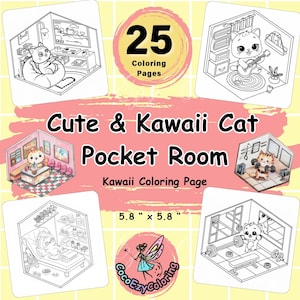 Cute Cat  Isomatic Room Coloring Pages,Kawaii Coloring Page for Kid and Adult,Cozy Coloring Book for Relax Coloring,Cute Kawaii Images