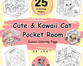 Dibujos para colorear de habitaciones de gatos kawaii, diseños isométricos (patrón PDF)