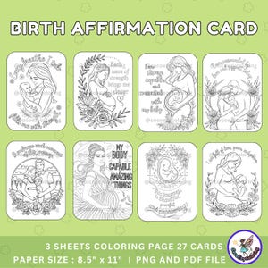 Tarjetas para colorear con afirmaciones de nacimiento, para colorear durante el embarazo, para el parto, para colorear con afirmaciones positivas, inspiradoras, motivadoras y relajantes.