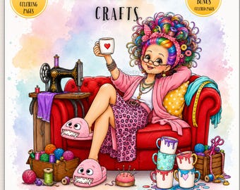Funny Grandma Craft Coloring Book, Whimsical Sewing & Quilting Coloring Pages, Cozy Knitting Designs, Printable PDF Download