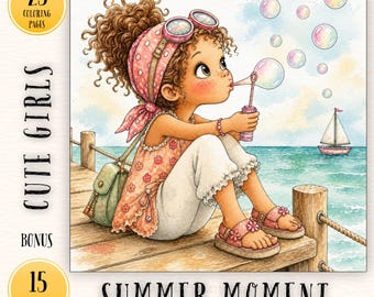 Cute Girls Summer Coloring Book for Adults, Cozy Beach & Vacation Coloring Pages, Relaxing Printable PDF, Instant Download