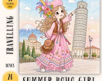 Boho Travel Girls Coloring Book Printable, Cute Wanderlust Coloring Pages, Whimsical Fashion Girl Line Art, Cozy Summer Adventure PDF