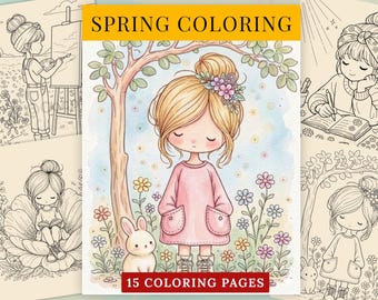 Spring Coloring Pages for Adults, Cozy Girl Scenes, Emotional Healing Art (PDF Download)