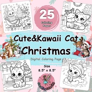 Christmas Cat,Kawaii Coloring Pages,Cute Coloring Page,Cute Kawaii Books,Cute Kawaii mages,Kawaii Coloring Page,Cozy Coloring Book,