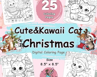 Christmas Kitten Coloring Pages, Kawaii Cozy Book (PDF)