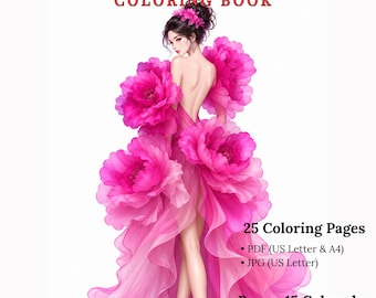 Fashion Coloring Book, 25 Floral Couture Coloring Pages, Elegant Designer Gowns for Adults, Printable PDF Instant Download