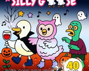 Funny Halloween Goose Coloring Pages: Spooky Silly Ghost, Skeleton Duck (Printable Download)