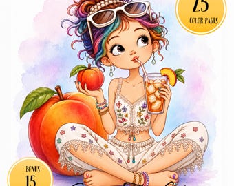Summer Coloring Book, Whimsical Fruit Girls, Cute Seasonal Coloring Pages, Printable PDF Download