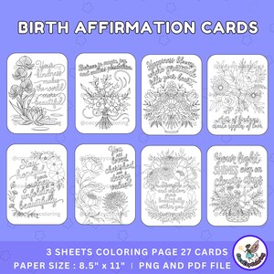 Afirmaciones de nacimiento con tarjetas para colorear de flores, citas de amor propio y atención plena, motivación, coloración relajante para aliviar el estrés y la felicidad.