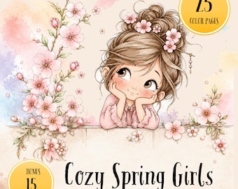 Cozy Spring Girls Coloring Book, Cute Cottagecore Coloring Pages, Whimsical Spring Scenes, Printable PDF Download