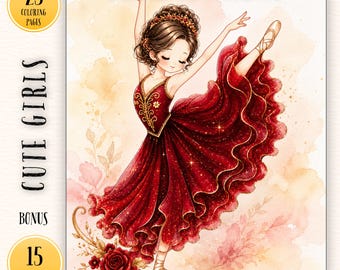 Cute Ballerina Girl Coloring Book for Adults,  25 Ballet Coloring Pages + 15 Color Inspiration Pages, Relaxing Stress Relief Printable PDF