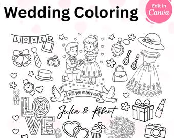 Página para colorear de boda personalizada: Hoja de actividades para niños (Plantilla de Canva, descarga instantánea)