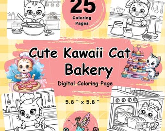 Dibujos para colorear de la panadería de gatos Kawaii: Sencillos y llamativos (Descarga digital)
