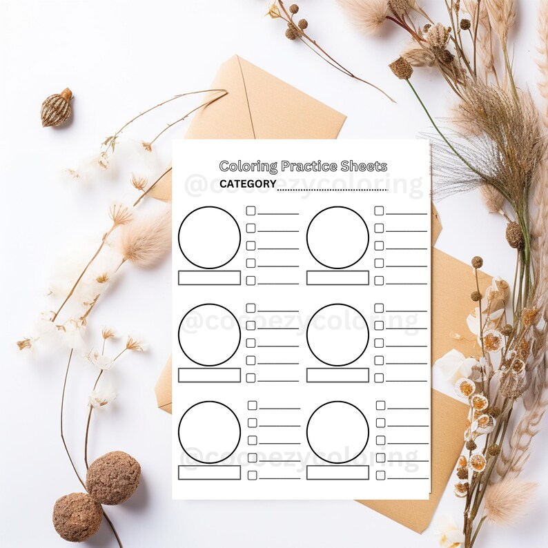 May include: Printable coloring practice sheets with six circles and lines for coloring and writing. The text at the top says "Coloring Practice Sheets" and "CATEGORY".