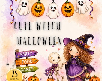 Cute Witch Halloween Coloring Book, Whimsical Spooky Coloring Pages, Printable PDF Download