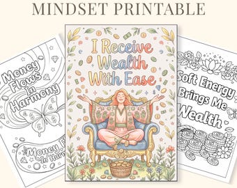 Dibujos para colorear sobre la mentalidad de abundancia para adultos, afirmaciones sobre el dinero para imprimir en PDF (descarga instantánea)