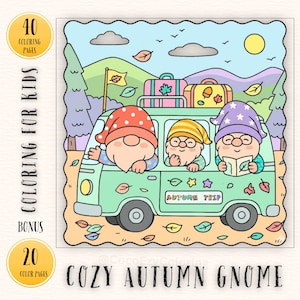 Può includere: Illustrazione di un libro da colorare per bambini. Raffigura tre gnomi in un furgone verde con la scritta "Viaggio d'autunno". L'immagine include 40 pagine da colorare e 20 pagine bonus. Gli gnomi sono circondati da foglie autunnali.