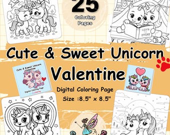 Kawaii Valentine Unicorn Coloring Pages: Bold & Easy (Digital Download)