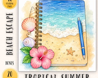 Tropical Summer Coloring Book Printable, Coastal Beach Coloring Pages for Adults, Cute Ocean Vacation Relaxing Coloring Sheets