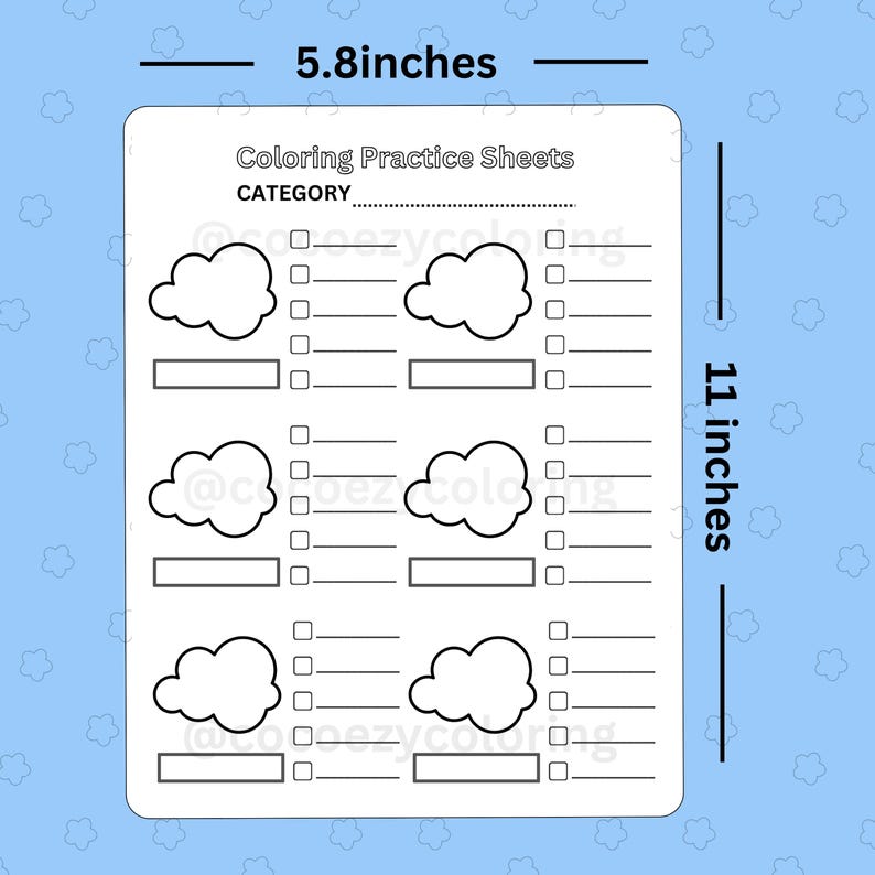 May include: A printable coloring practice sheet with the category "Clouds" at the top. The sheet features six cloud outlines with lines for coloring and checkboxes for completion. The sheet measures 5.8 inches by 11 inches.