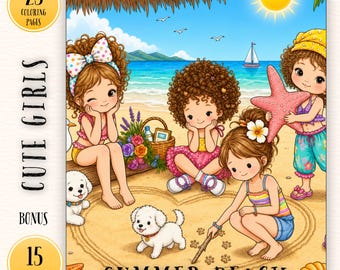 Summer Beach Coloring Book, Cute Girl Printable Coloring Pages, Cozy Tropical Vacation Coloring Book for Relaxation