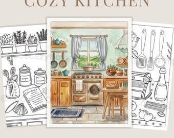 Dibujos para colorear de una cocina acogedora: Láminas relajantes para adultos (Descarga en PDF)