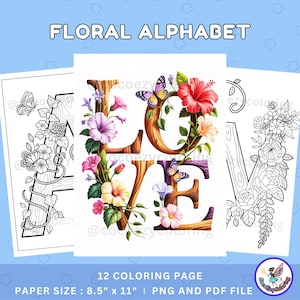 Página para colorear del alfabeto floral, letras de la A a la Z, libro para colorear del alfabeto de animales, ABC floral, actividad para baby shower, colorear relajante, descarga digital en PDF