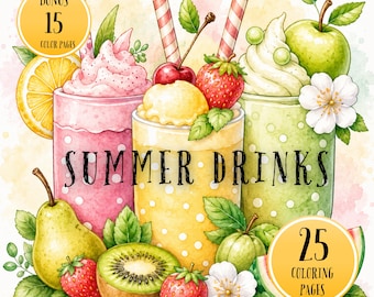 Summer Drinks Coloring Book, Cute Tropical Beverages, Ice Cream Treats, Printable PDF Download