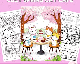 Spring Cat Cafe Coloring Pages: Anxiety Relief Printables (Digital Download)