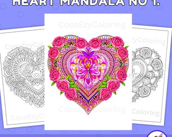 Op de afbeelding: Een printbare kleurplaat met een hartvormig mandala met roze rozen. De mandala is ingewikkeld en gedetailleerd, met een verscheidenheid aan patronen en ontwerpen. De pagina is 8,5 inch bij 11 inch en is beschikbaar in PNG- en PDF-formaten.