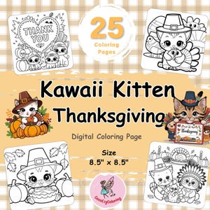 Kawaii Thanksgiving Kitten,Coloring Pages for Kids and Adult,Bold and Easy,Cute Kawaii Books,Cute Kawaii Images,Relax Coloriing,Kawaii Cute