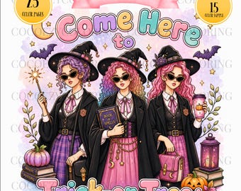 Cute Spooky Coloring Book, Whimsical Halloween Girls, 25 Funny Quote Coloring Pages, 15 Colors Sample Pages,Printable PDF Download