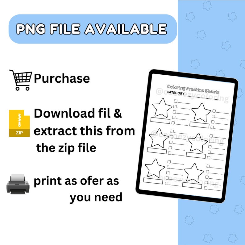 May include: Black and white printable coloring page featuring five star shapes with lines for coloring inside the stars. The page has the text "Coloring Practice Sheets" and "CATEGORY" at the top.