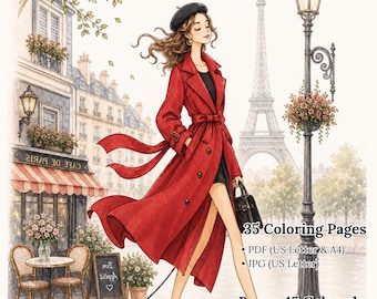 Paris Chic Lifestyle Fashion Coloring Book, 35 Stylish Women Coloring Pages, Elegant Paris Fashion for Adults, PDF Instant Download