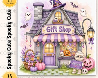 Cute Spooky Halloween Coloring Book, 25 Whimsical Storefront Coloring Pages, Cozy Cottage Halloween Shops, Printable PDF Instant Download