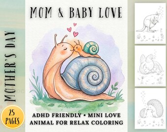 ADHD Friendly Mom & Baby Animal Love Coloring Pages,  Easy Coloring Book PDF, Mother’s Day, Relaxing Printable, Stress Relief Gift