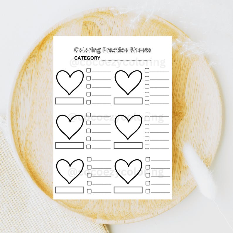 May include: Printable coloring practice sheets featuring hearts. The sheets have lines for coloring practice and blank spaces for writing.