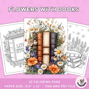Flowers and Books Coloring Pages: Relaxing Floral Designs (Digital Download)