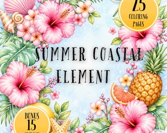 Summer Cottagecore Coastal Coloring Book for Adults,Floral & Beach-Themed, Relaxing Adult Coloring Book, Printable Digital Download