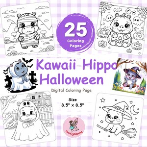 Halloween Hippo Coloring Book: Kawaii Spooky Images (Digital Download)