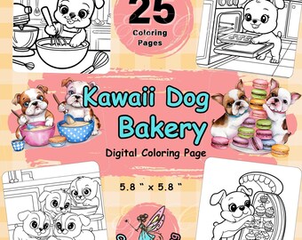 Kawaii Dog Bakery Coloring Pages, Cozy Designs (Digital Download