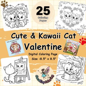 Kawaii Valentine Cat Coloring Pages: Kids & Adults (Digital Download)