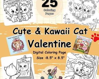 Dibujos para colorear de gatos kawaii para San Valentín: Niños y adultos (Descarga digital)